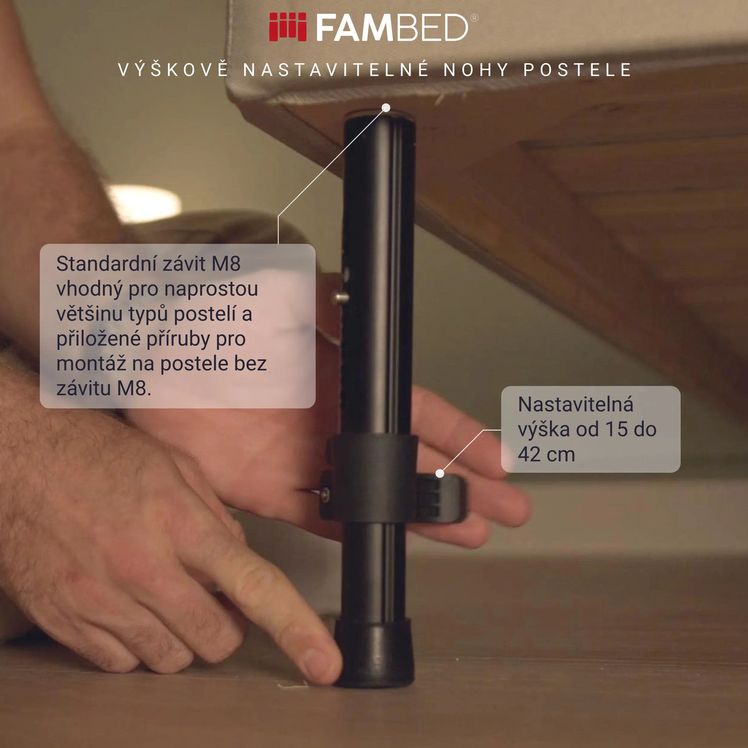 Infografika: černá výškově nastavitelná noha namontovaná pod postelí s údaji o závitu M8 a výšce od 15 do 42 cm