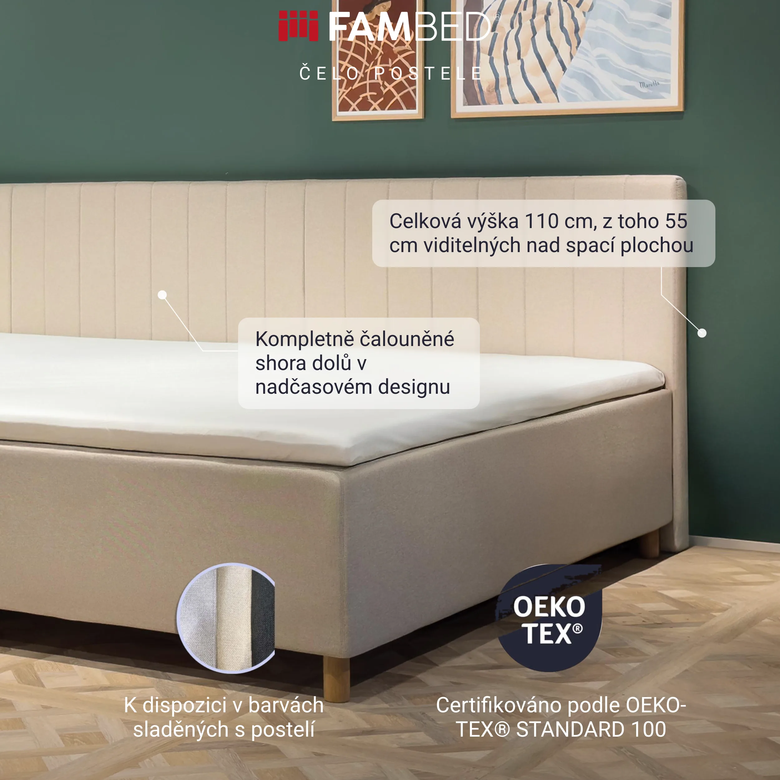 Infografika: béžové čelo postele FAMBED za postelí s informacemi o celoplošném čalounění, výšce 110 cm a sladěných barvách