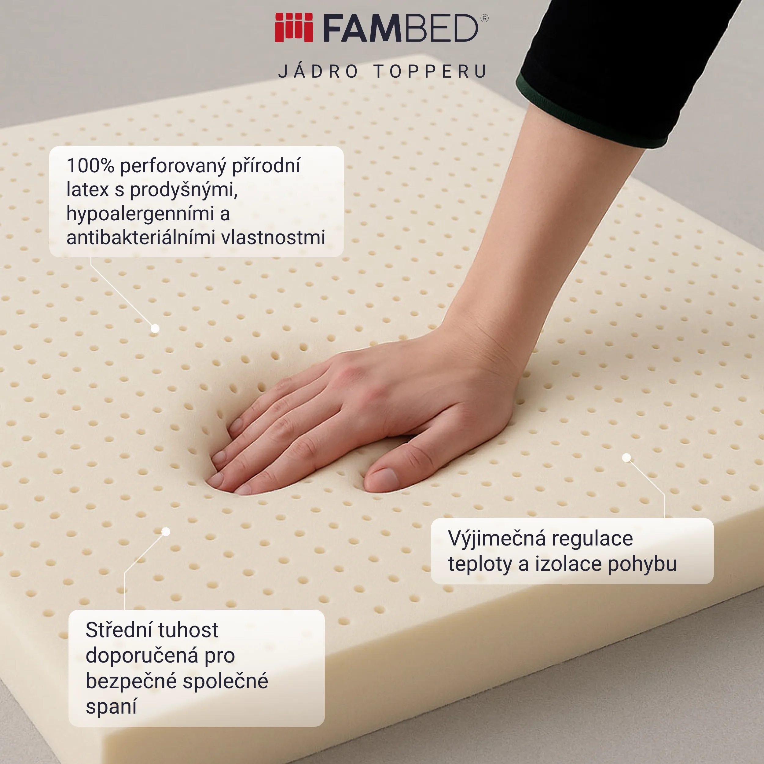 Infografika: ruka tlačí do 5 cm vysokého perforovaného jádra z přírodního latexu, které je prodyšné, hypoalergenní a antibakteriální
